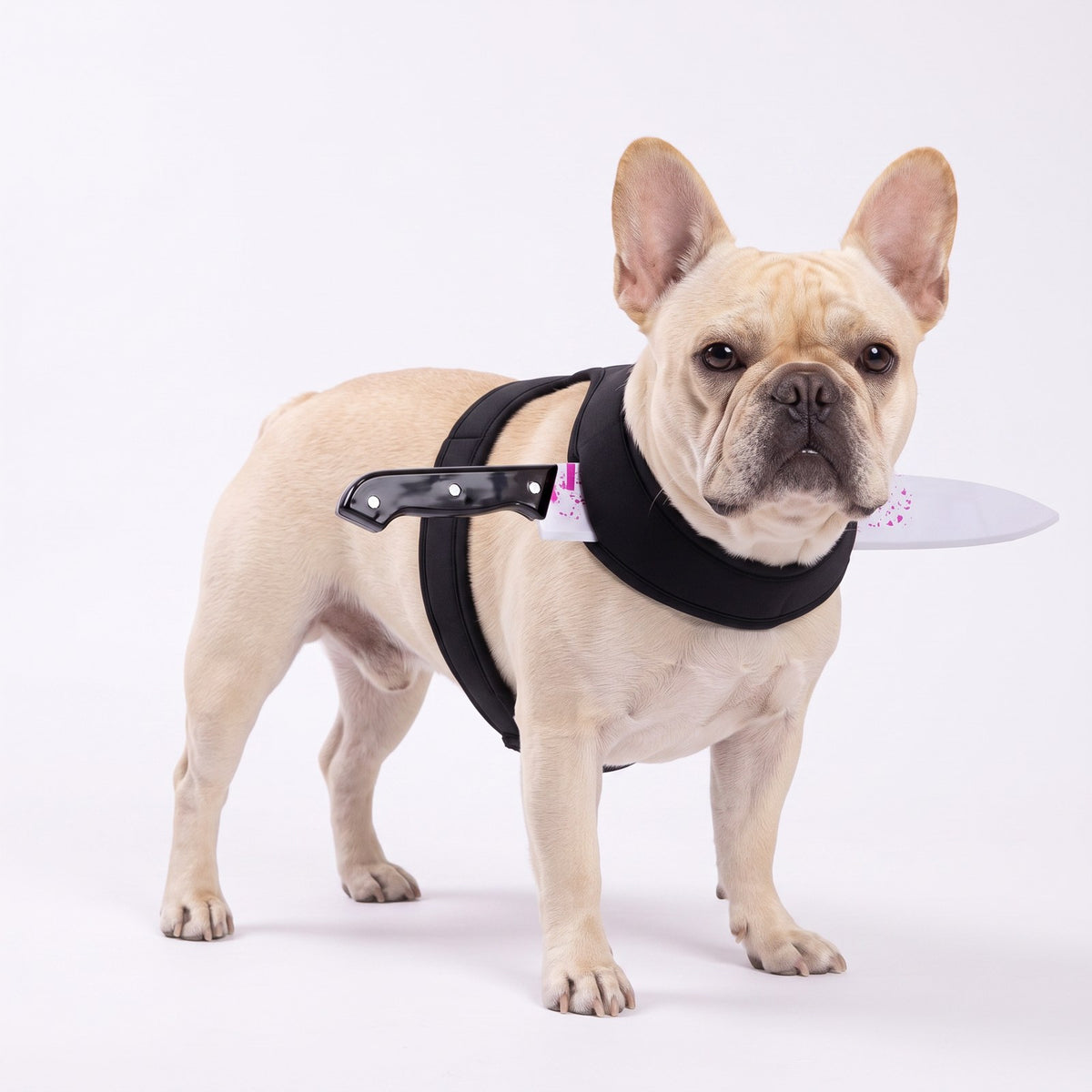 French bulldog wearing the knife costume harness, three-quarter view