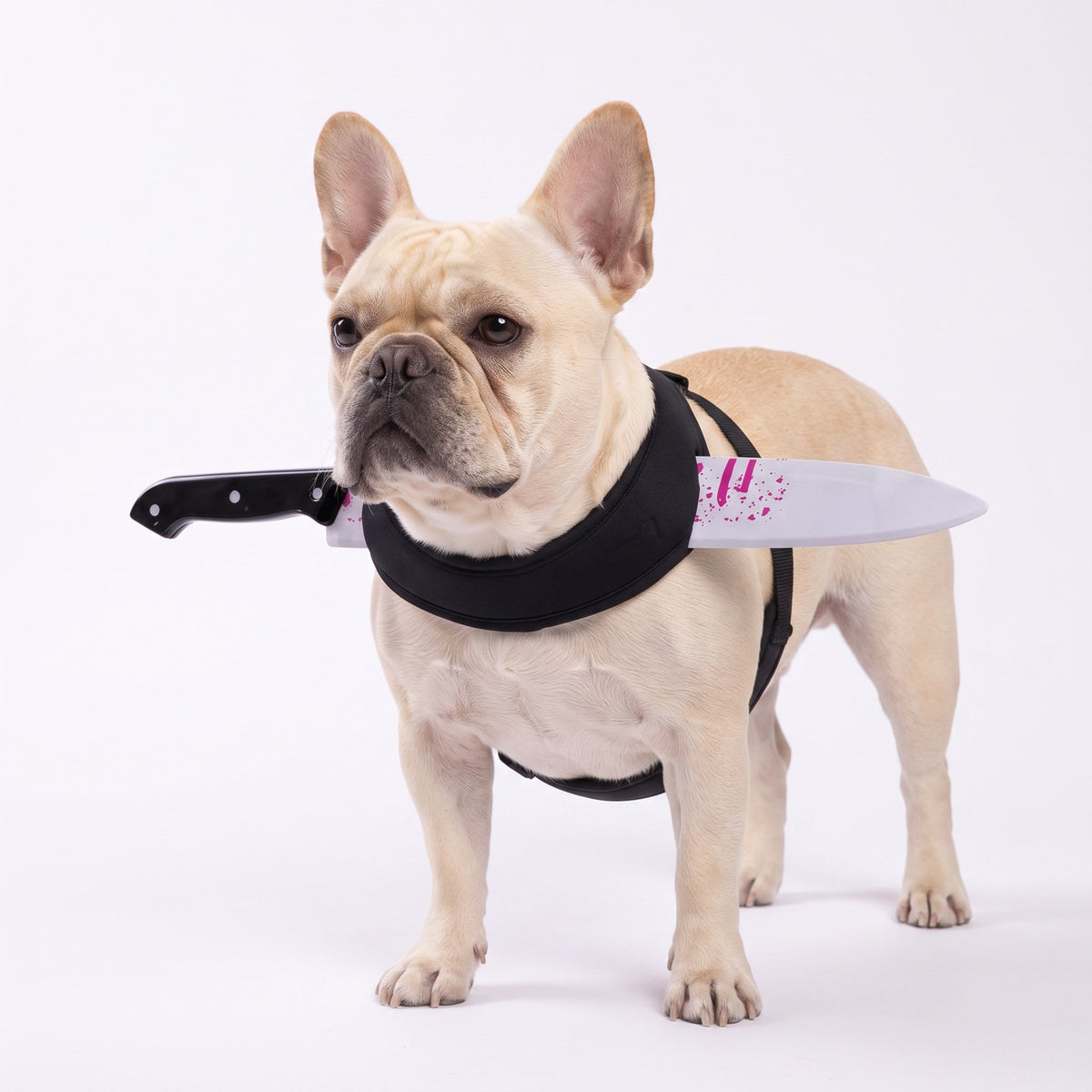 French bulldog wearing the knife costume harness, standing