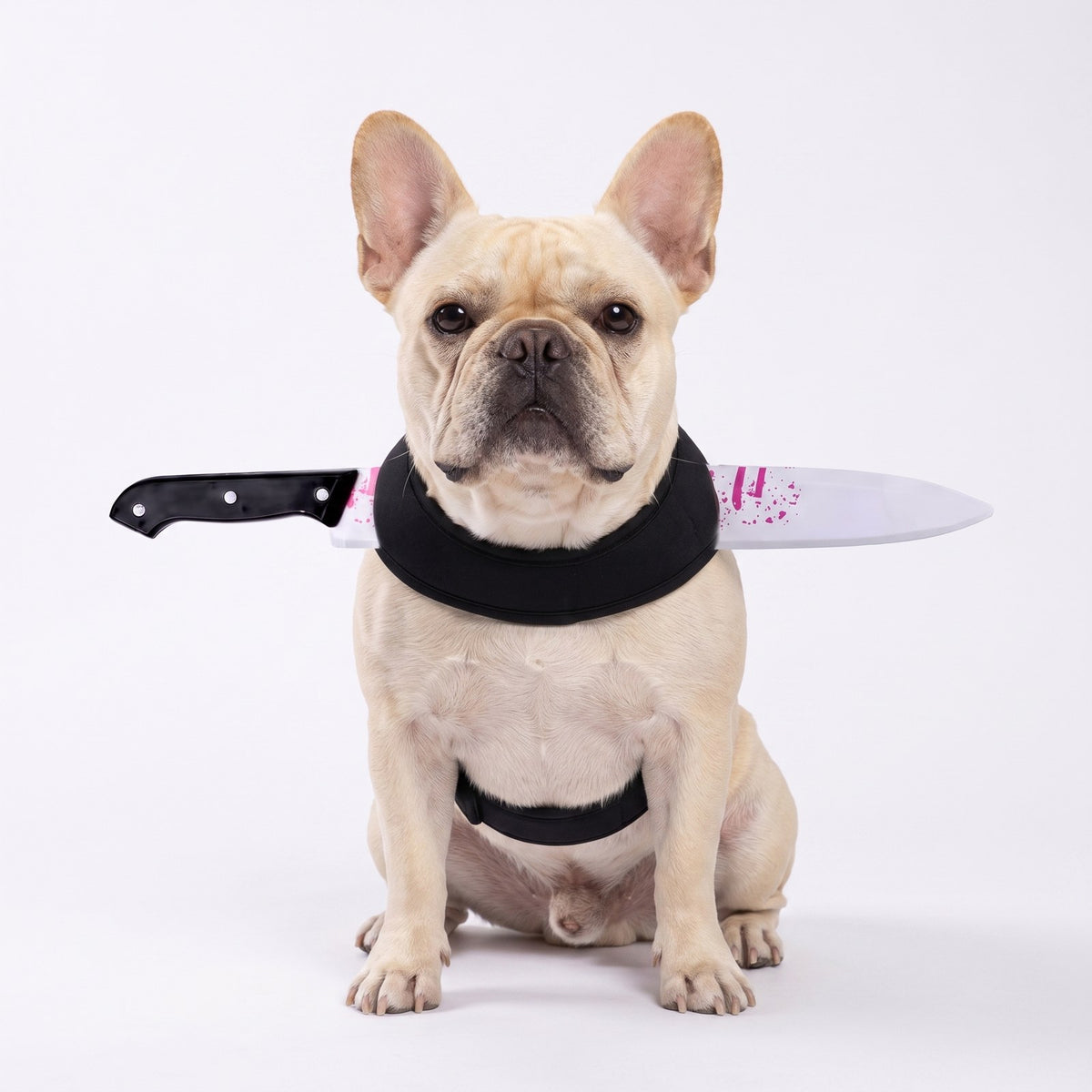 French bulldog wearing the knife costume harness, front view