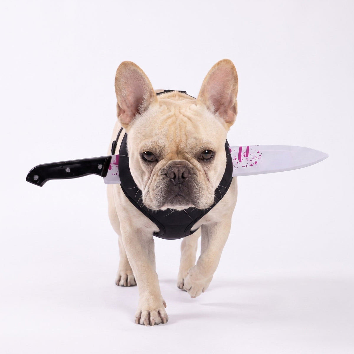French bulldog walking in the knife costume harness